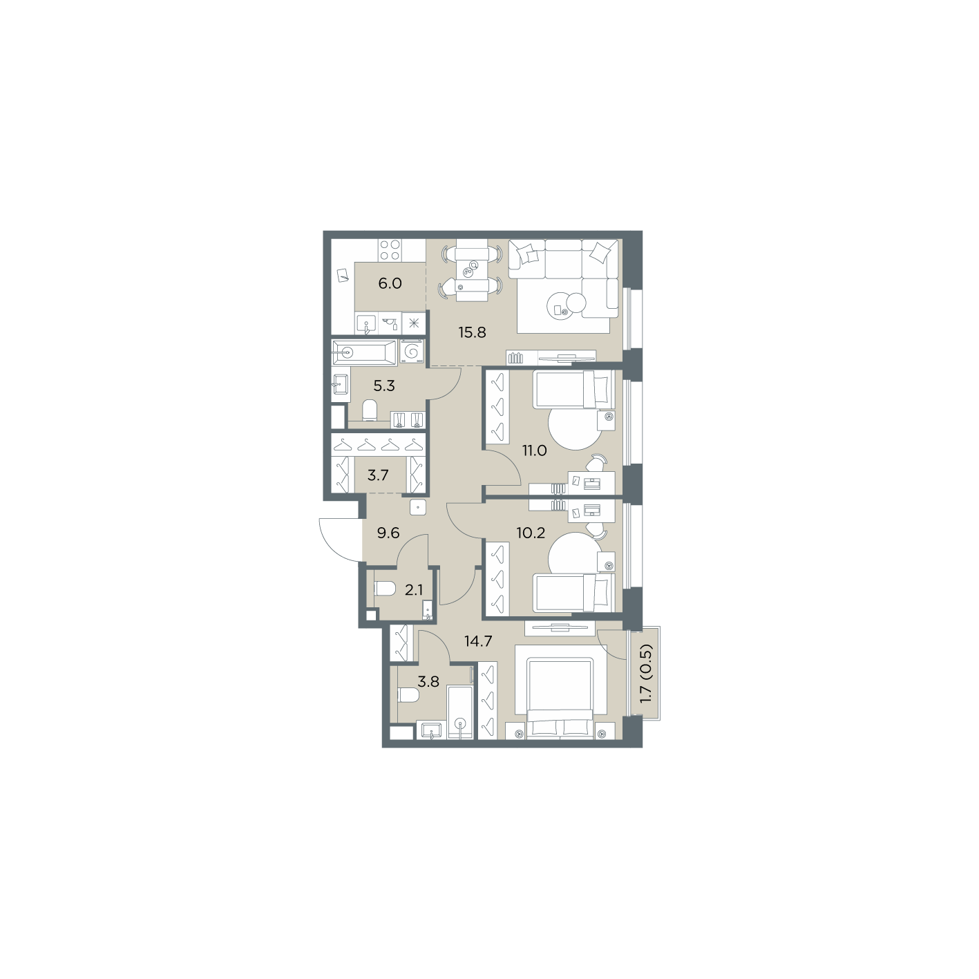 4 комн. квартира, 82.7 м², 5 этаж  (из 6)