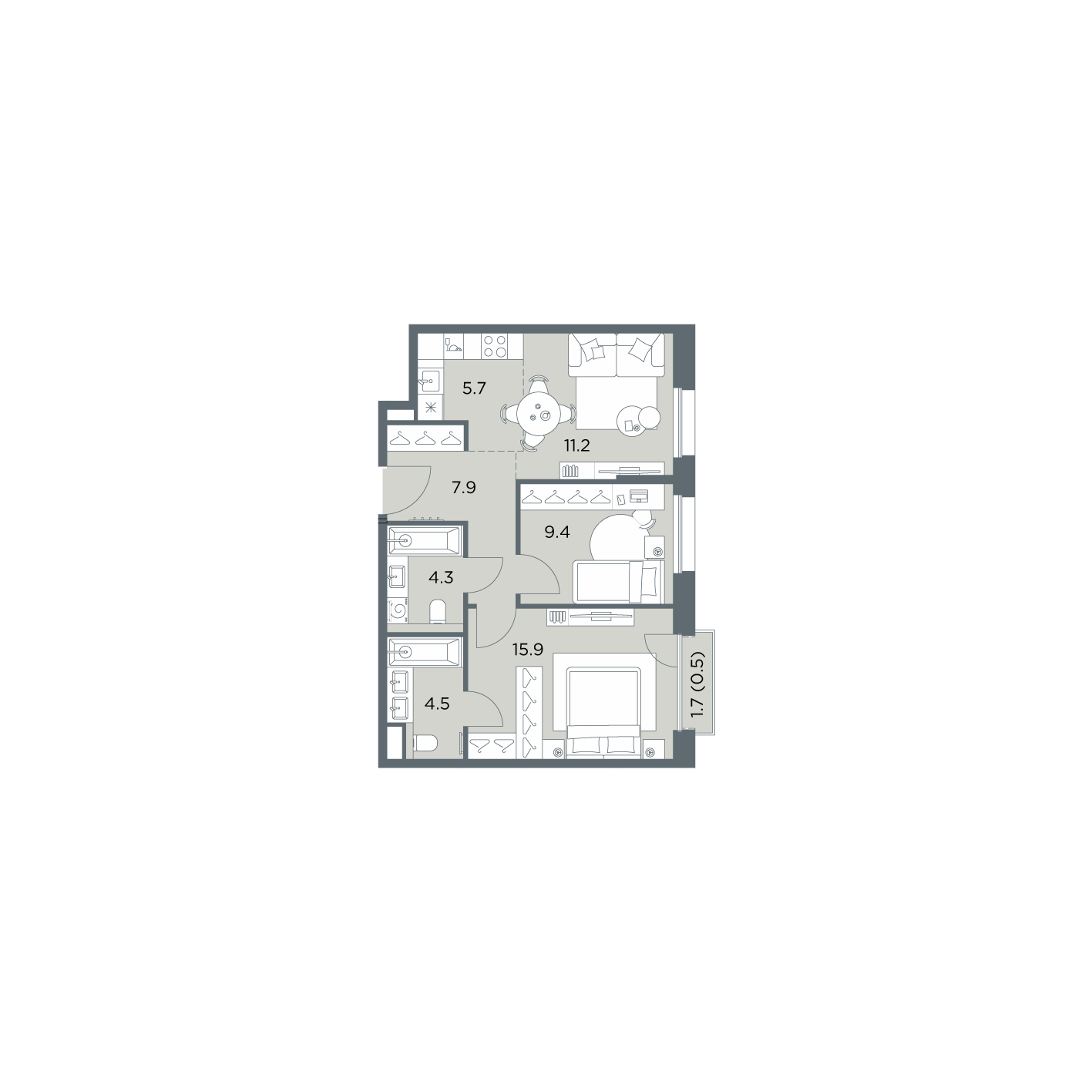 3 комн. квартира, 59.4 м², 5 этаж  (из 6)