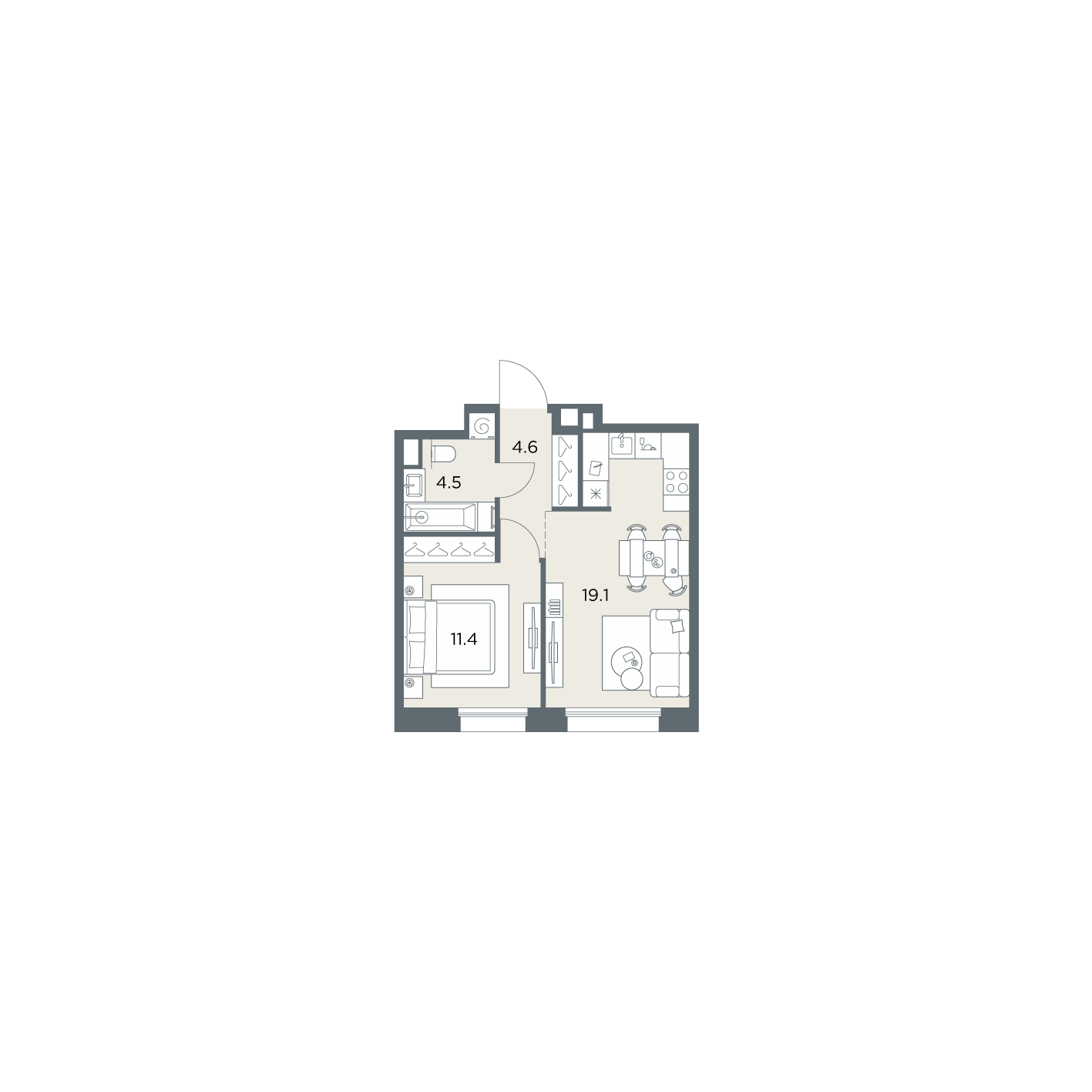 1 комн. квартира, 39.6 м², 5 этаж  (из 6)
