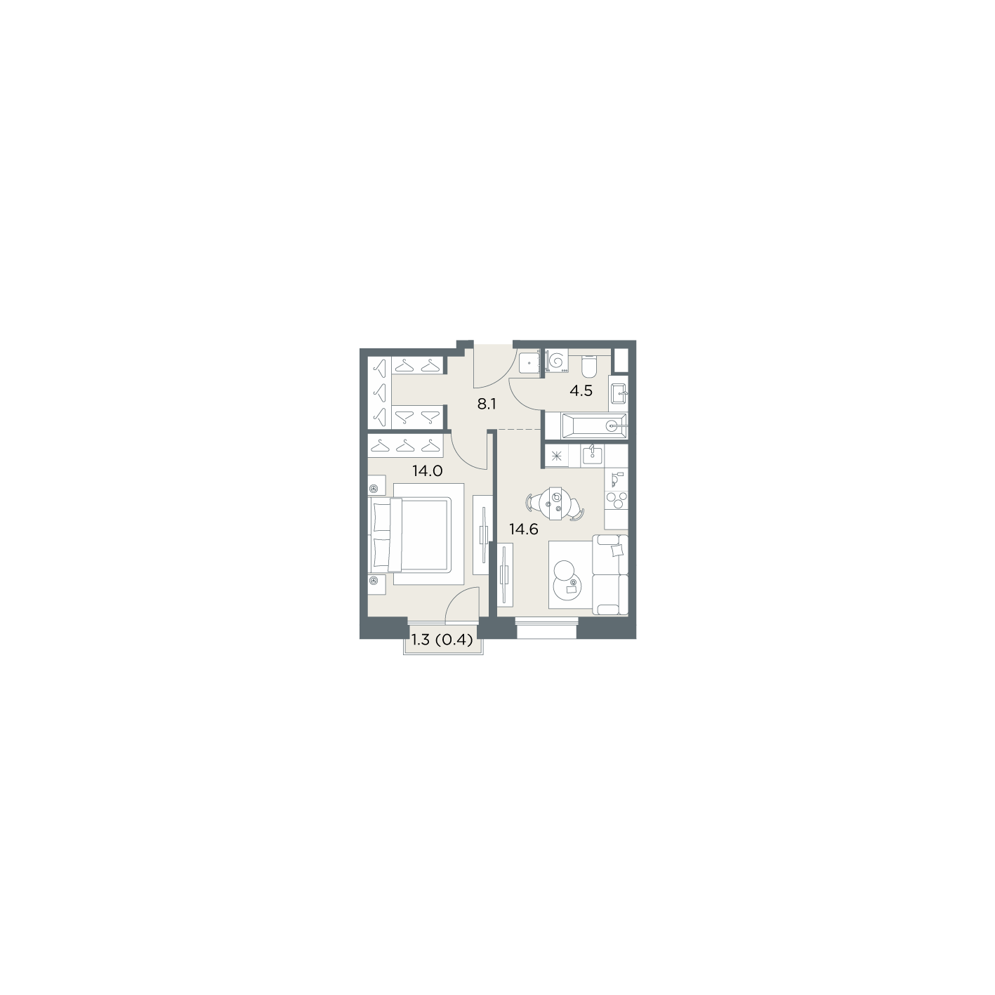 1 комн. квартира, 41.6 м², 5 этаж  (из 6)