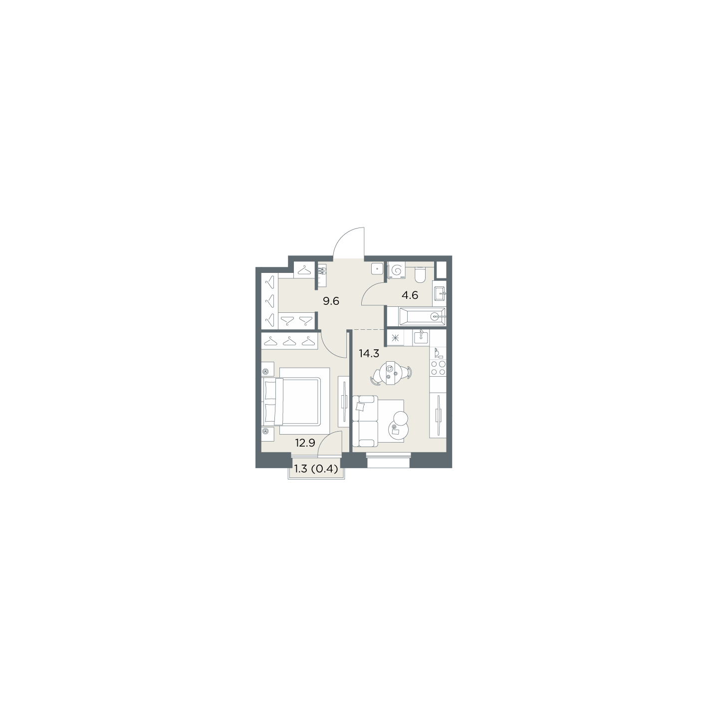 1 комн. квартира, 41.8 м², 3 этаж  (из 6)