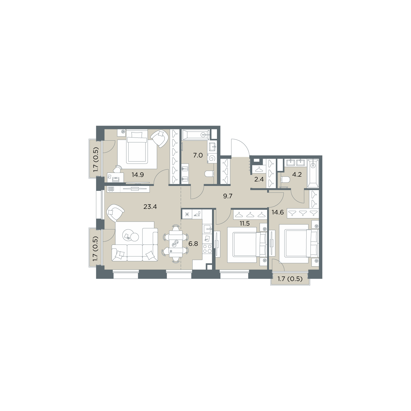 4 комн. квартира, 96 м², 4 этаж  (из 6)