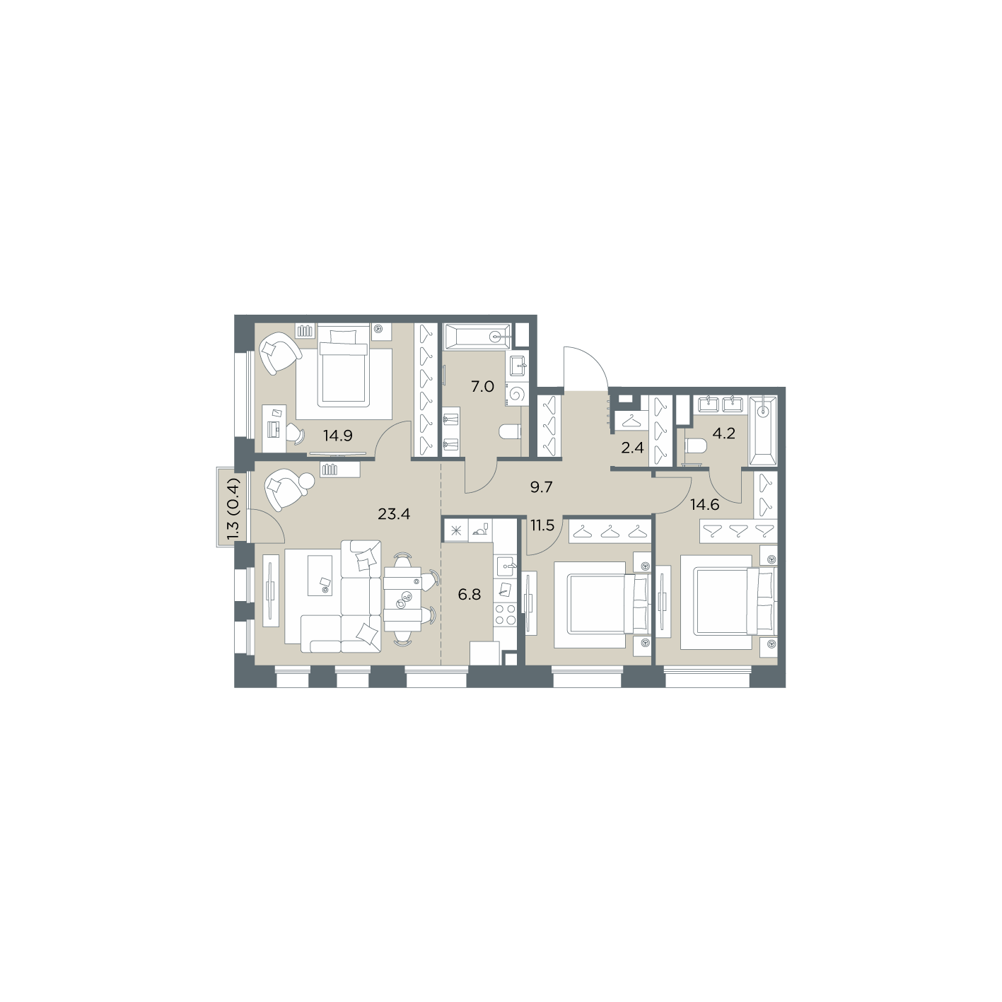 4 комн. квартира, 94.9 м², 5 этаж  (из 6)