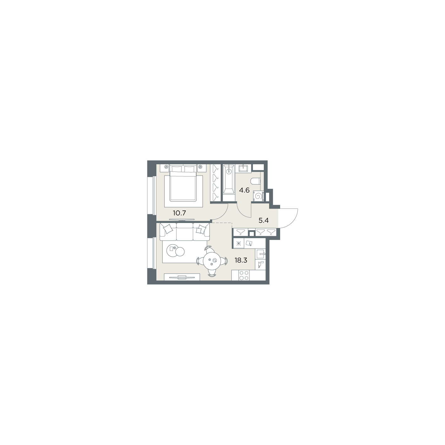 1 комн. квартира, 39 м², 2 этаж  (из 6)