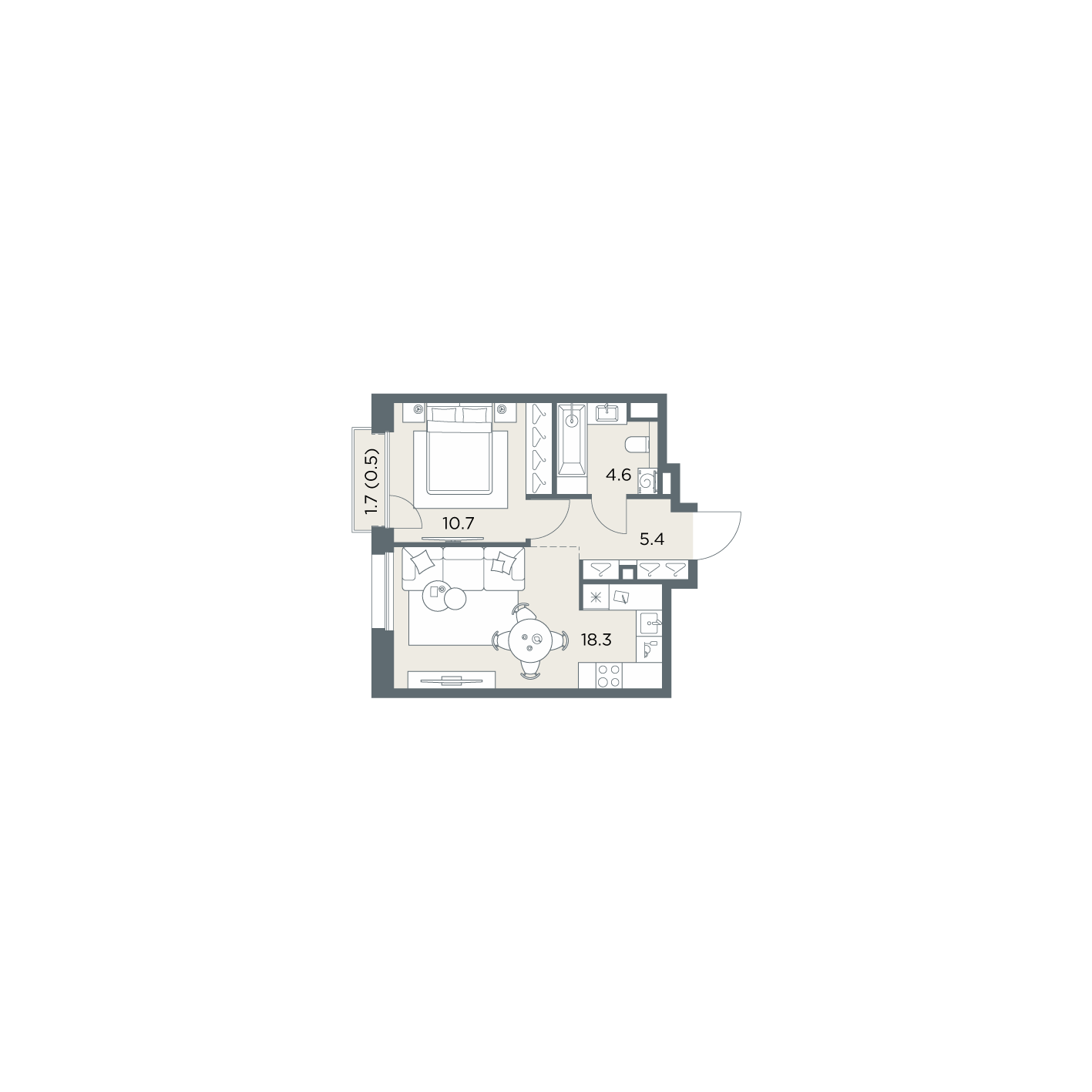 1 комн. квартира, 39.5 м², 4 этаж  (из 6)