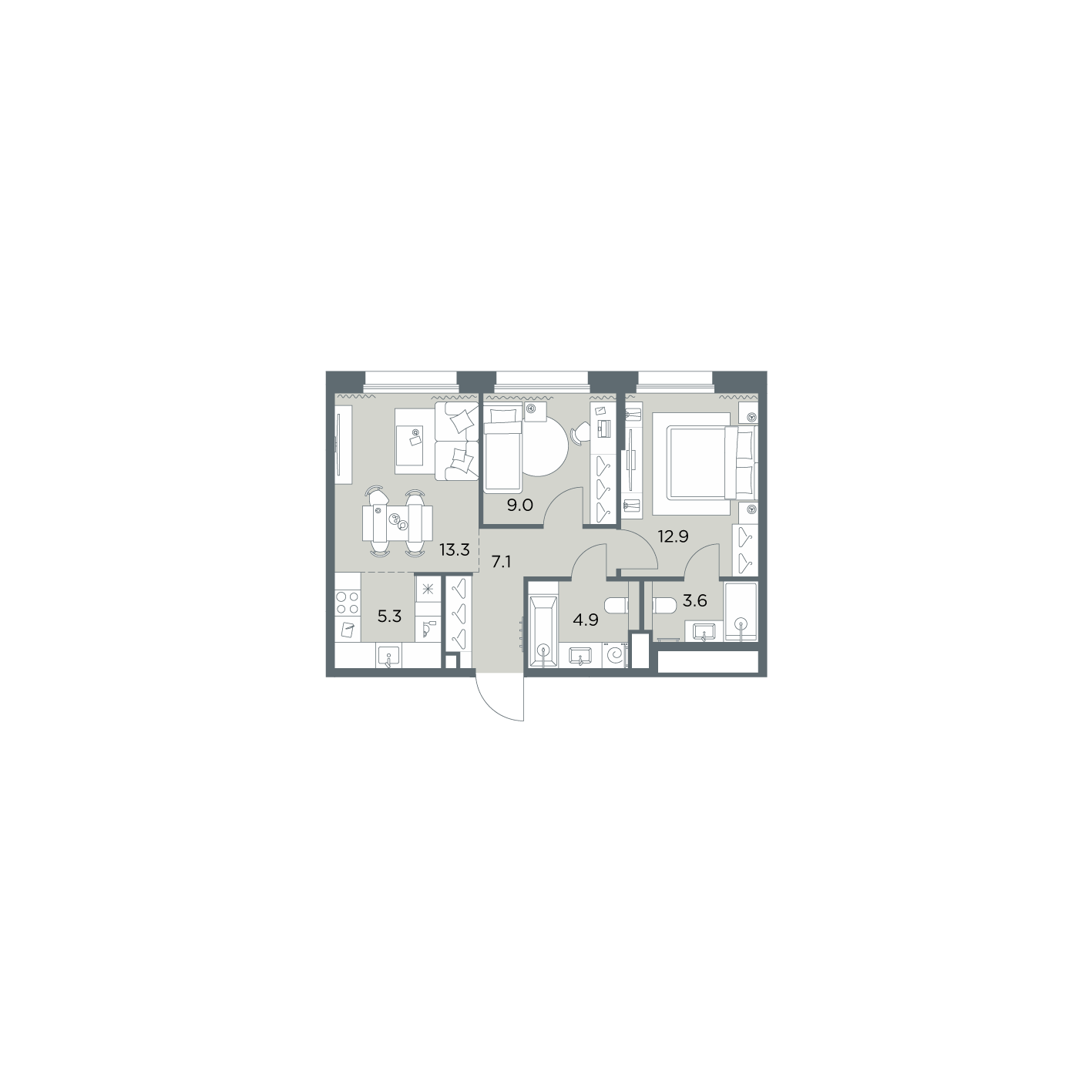 3 комн. квартира, 56.1 м², 2 этаж  (из 6)