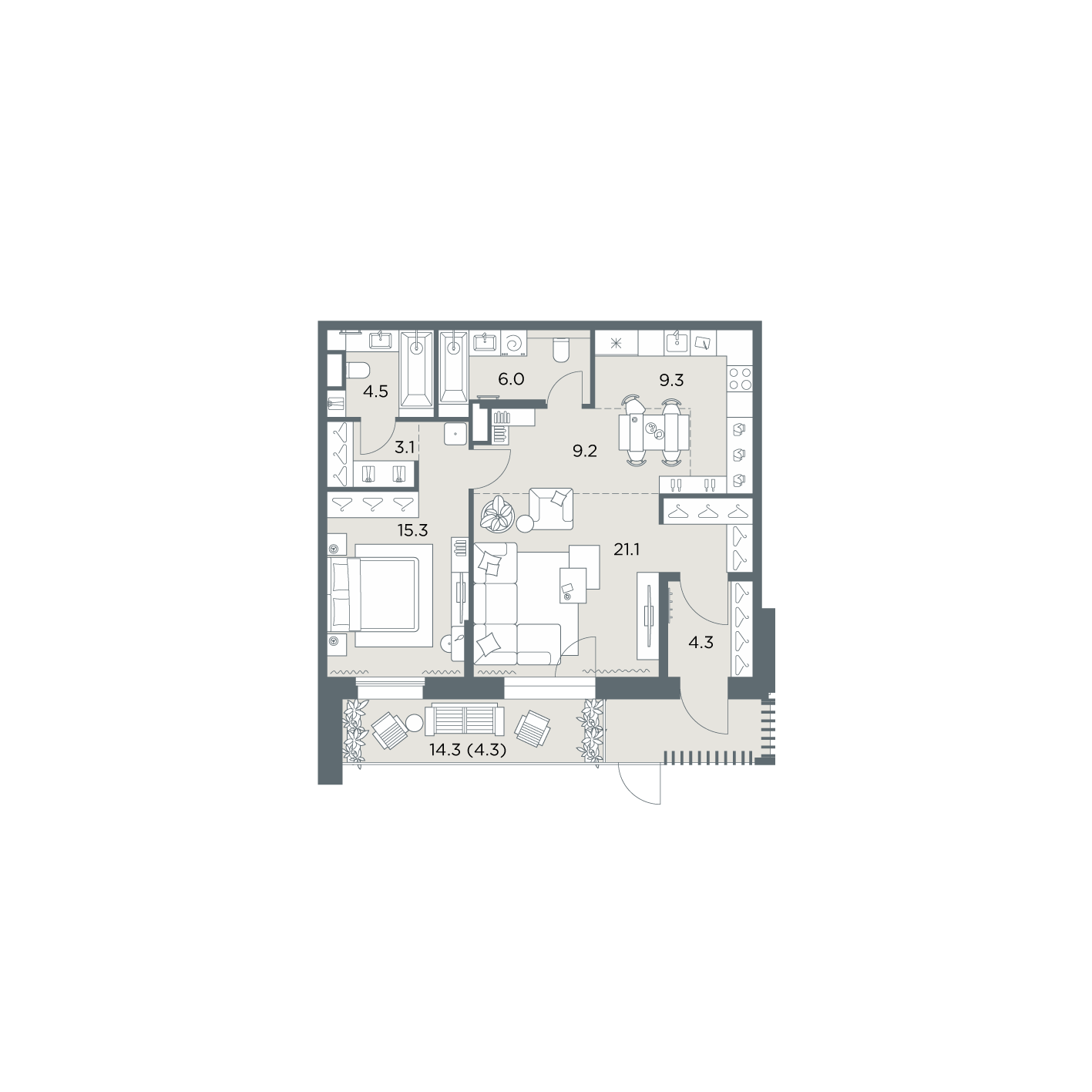 2 комн. квартира, 77.1 м², 1 этаж  (из 6)