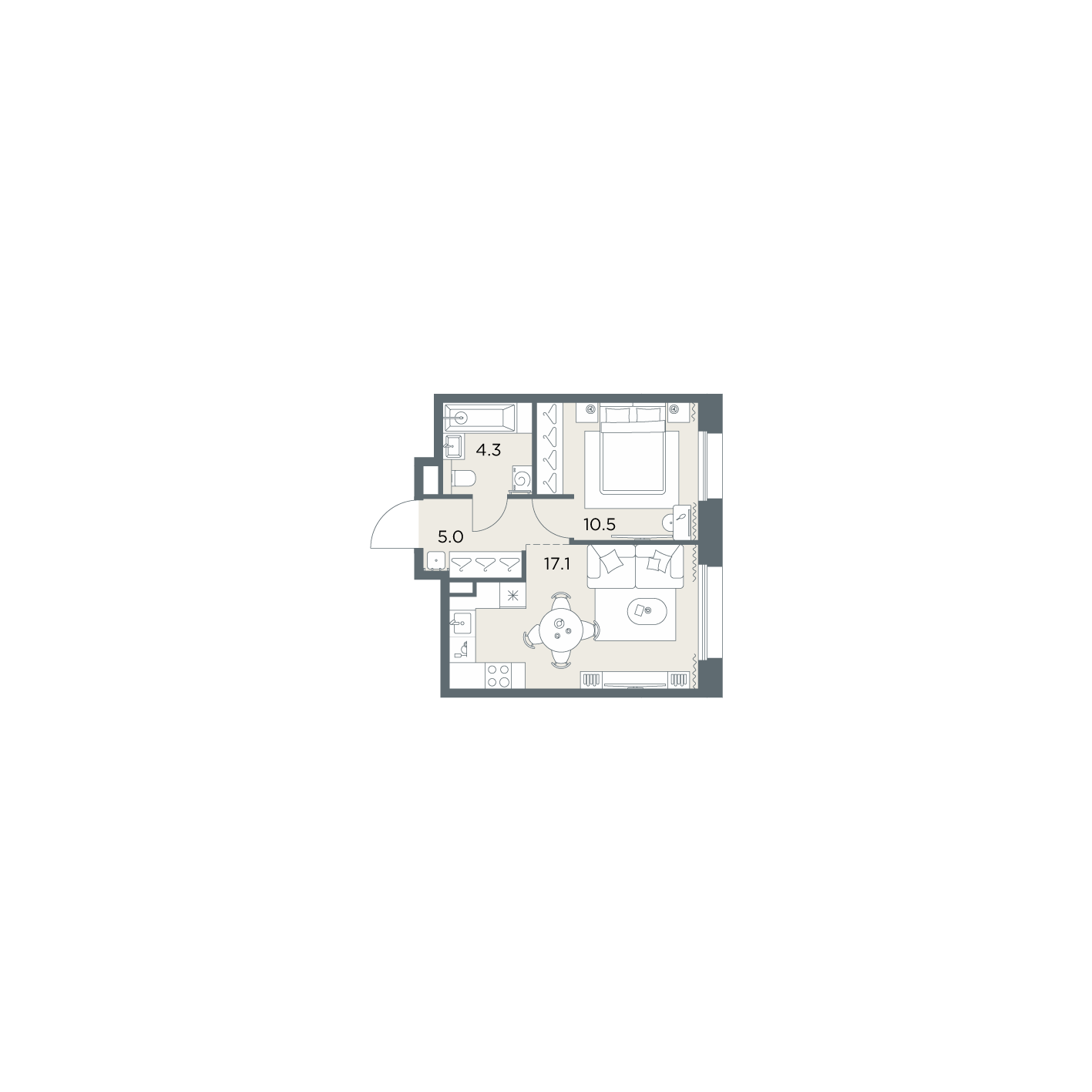 1 комн. квартира, 36.9 м², 2 этаж  (из 6)