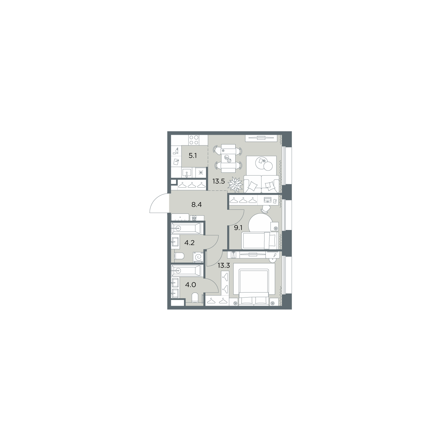 3 комн. квартира, 57.6 м², 3 этаж  (из 6)