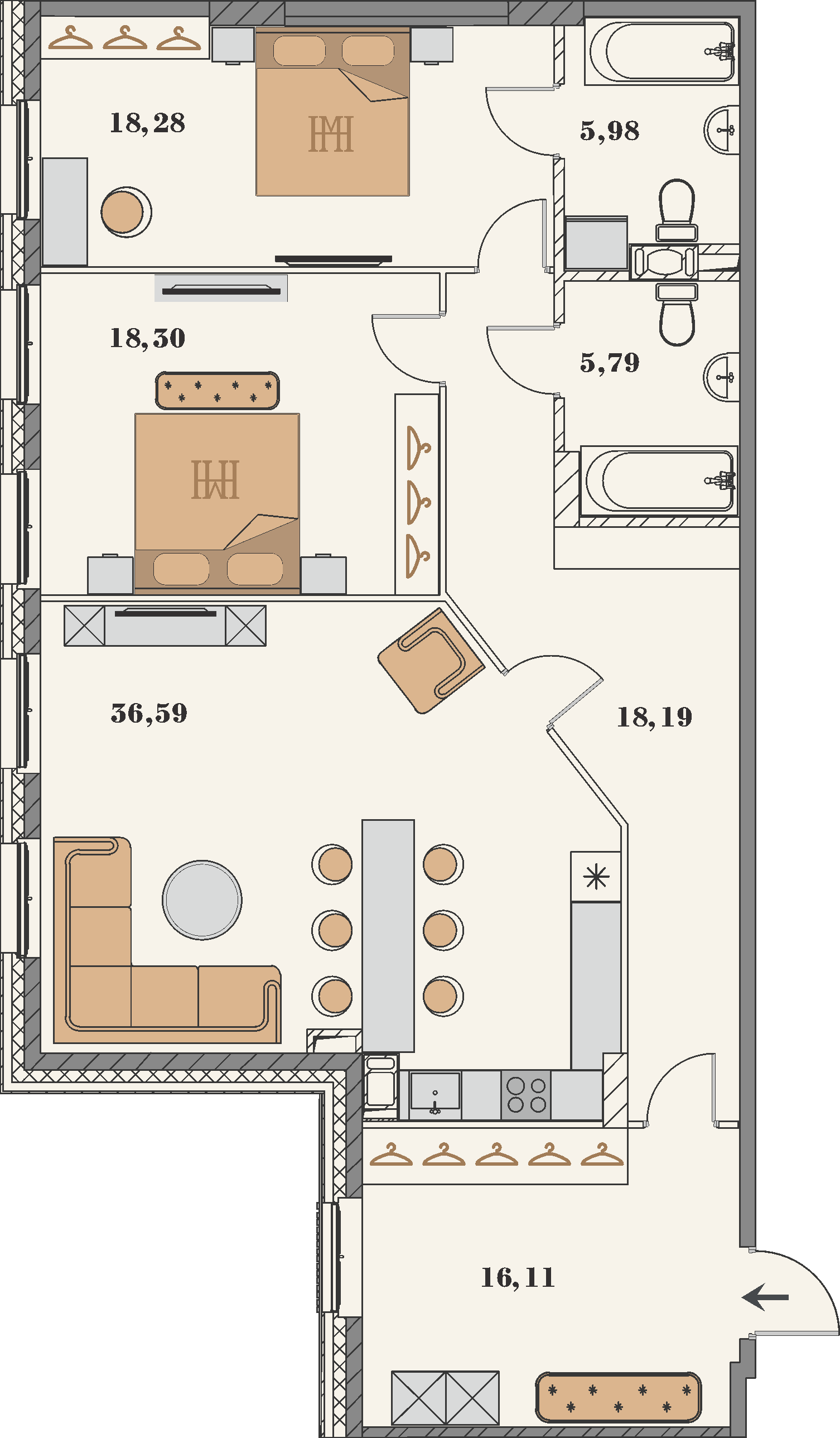 2 комн. квартира, 119.2 м², 4 этаж 