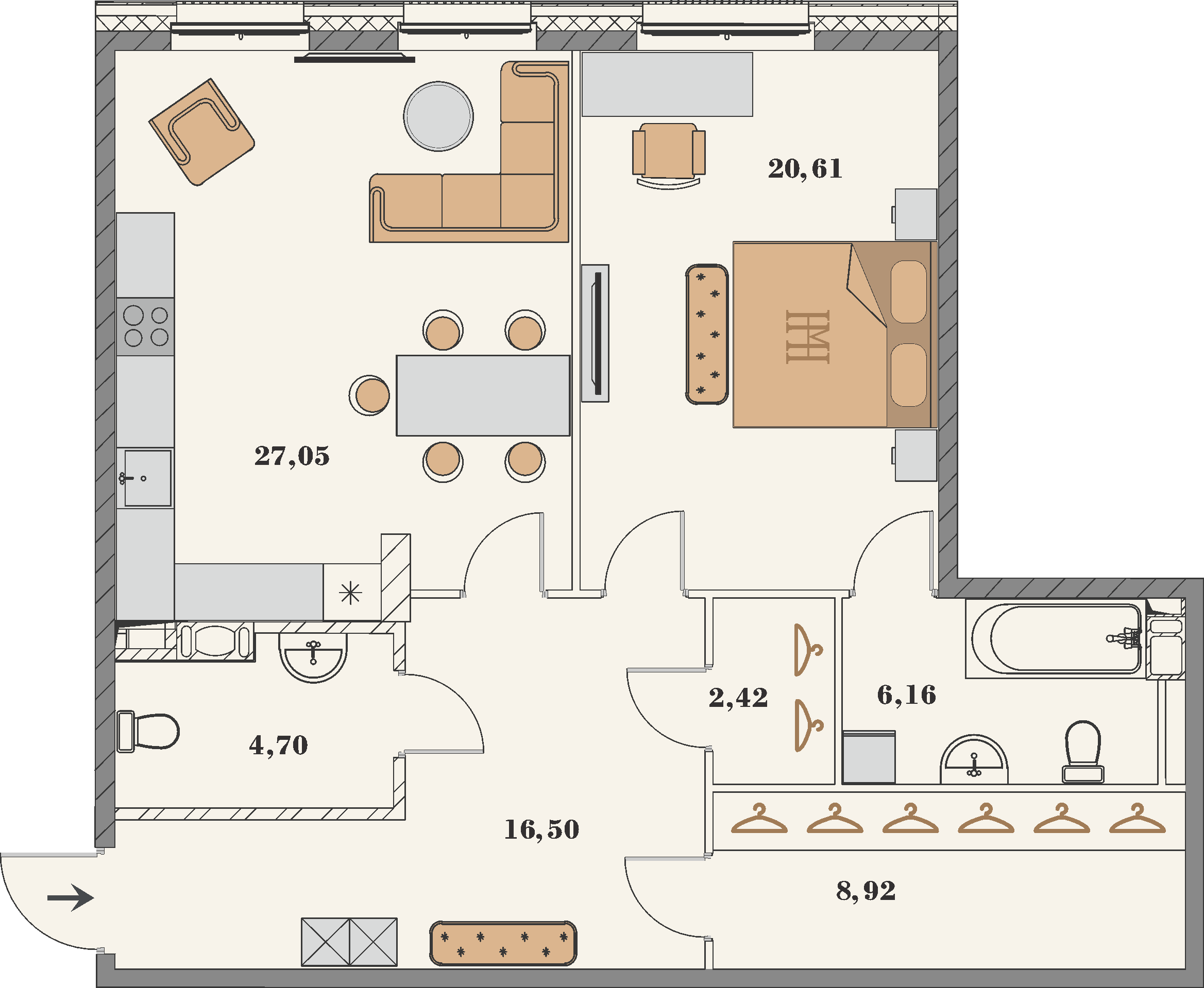 квартира со свободной планировкой, 86.4 м², 5 этаж 
