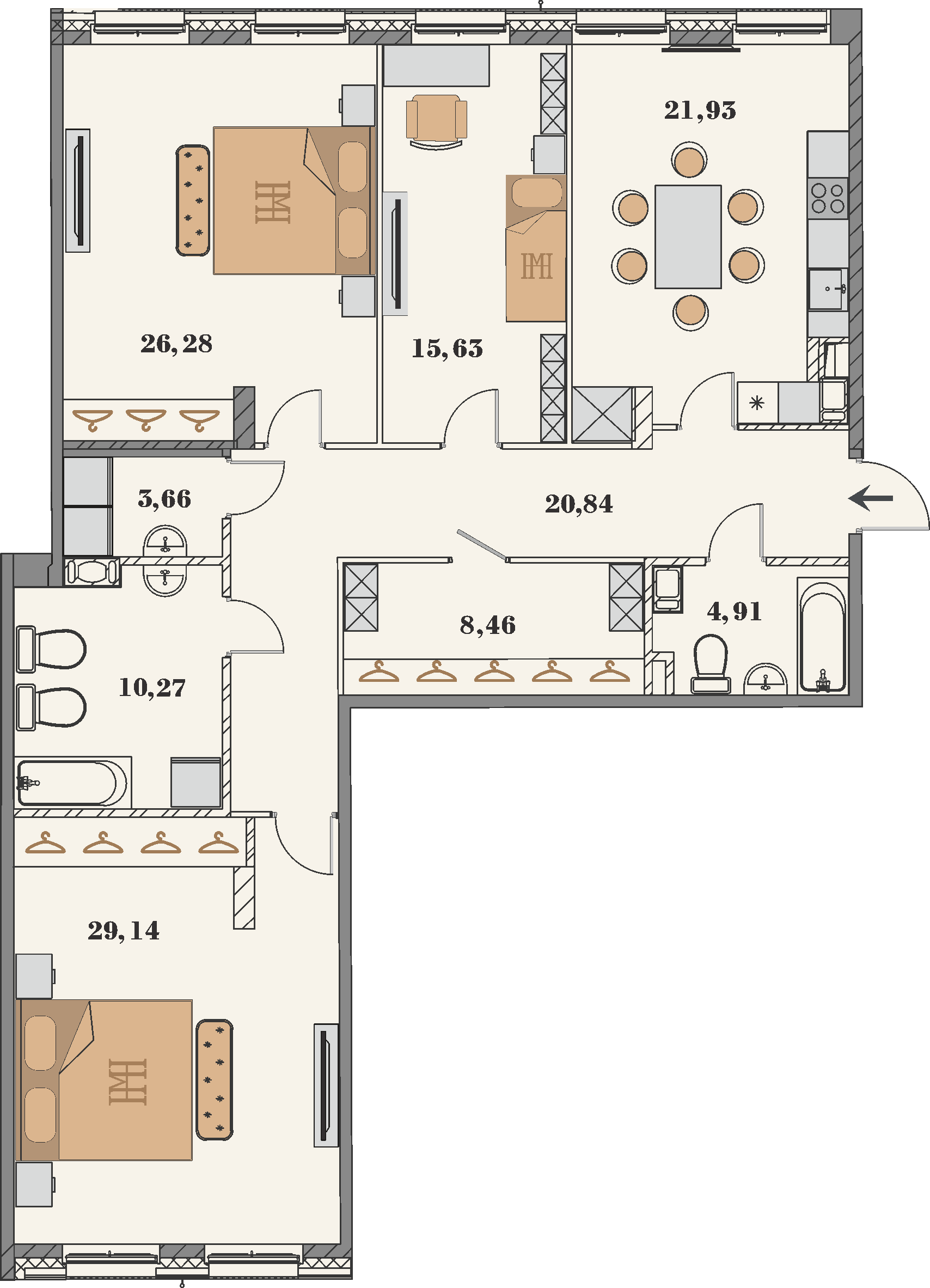 3 комн. квартира, 141.1 м², 5 этаж 