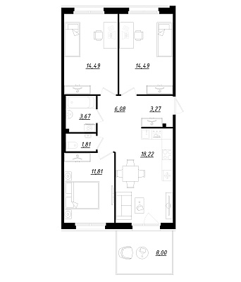3 комн. квартира, 76.2 м², 1 этаж 