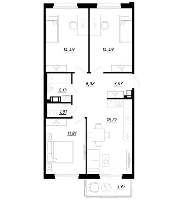 3 комн. квартира, 74.5 м², 4 этаж 