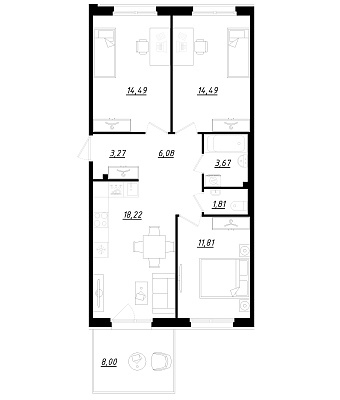 3 комн. квартира, 76.2 м², 1 этаж 