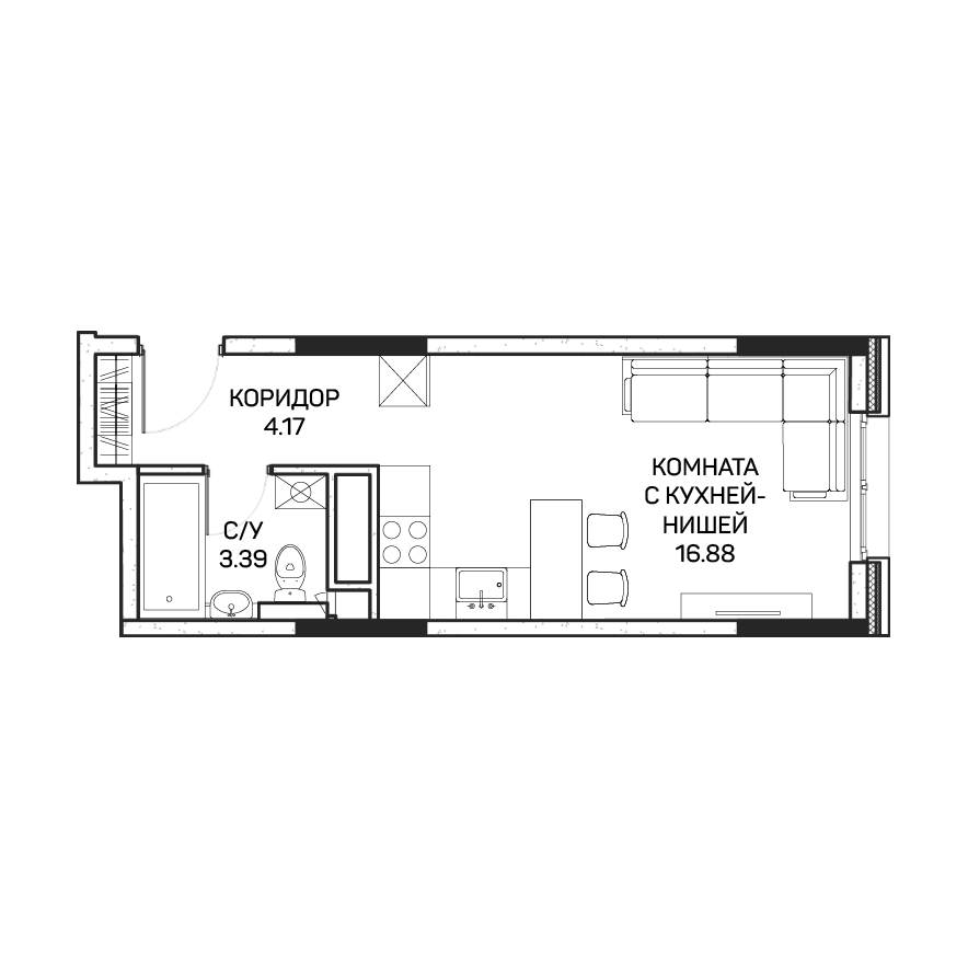 студия, 24.5 м², 8 этаж 