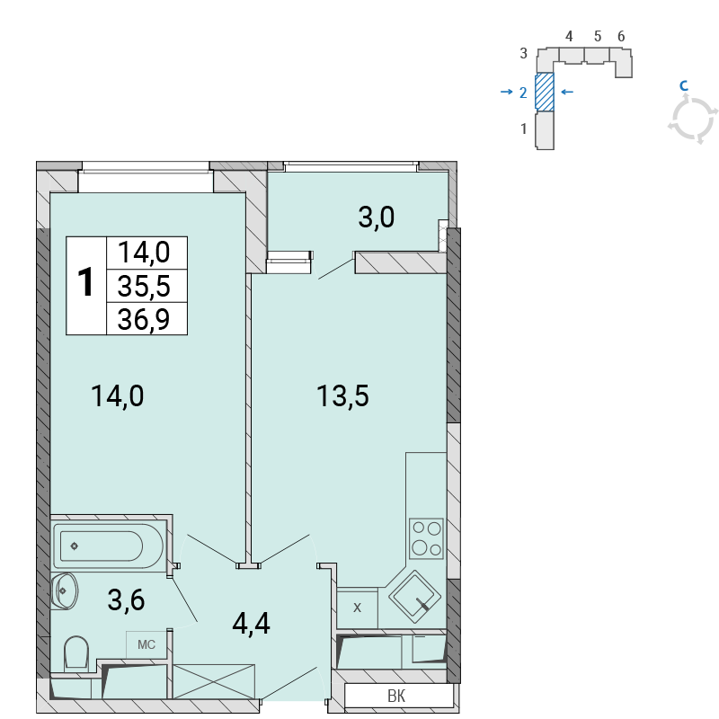 1 комн. квартира, 37 м², 16 этаж 