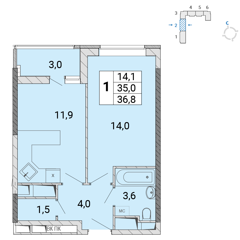 1 комн. квартира, 36.5 м², 6 этаж 