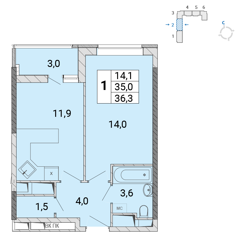1 комн. квартира, 36.3 м², 12 этаж 