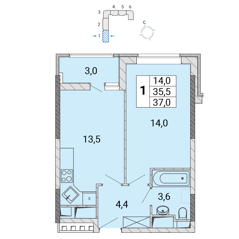 1 комн. квартира, 36.9 м², 5 этаж 
