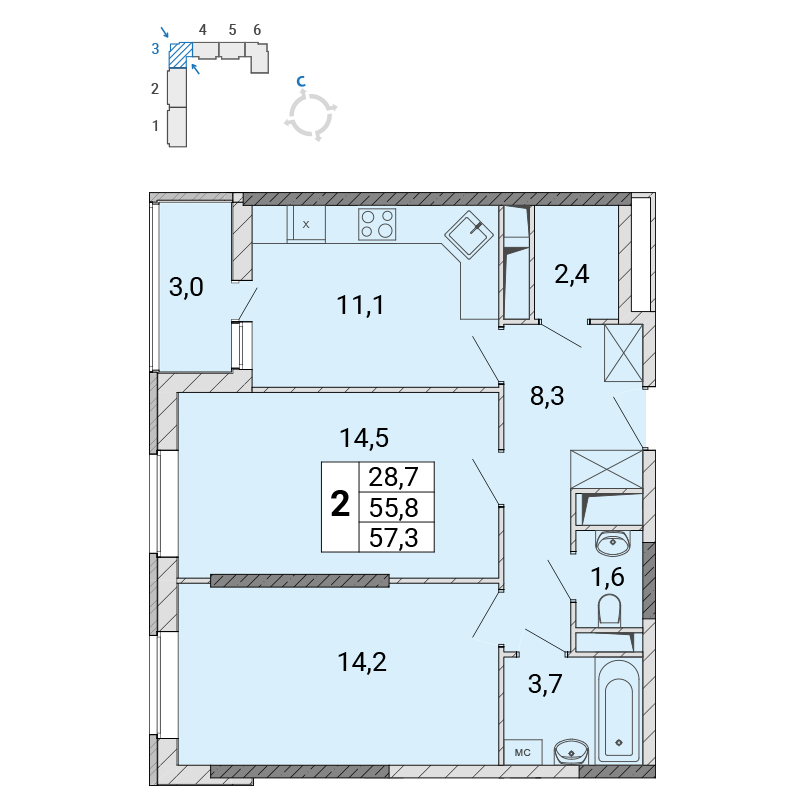 2 комн. квартира, 57.5 м², 7 этаж 