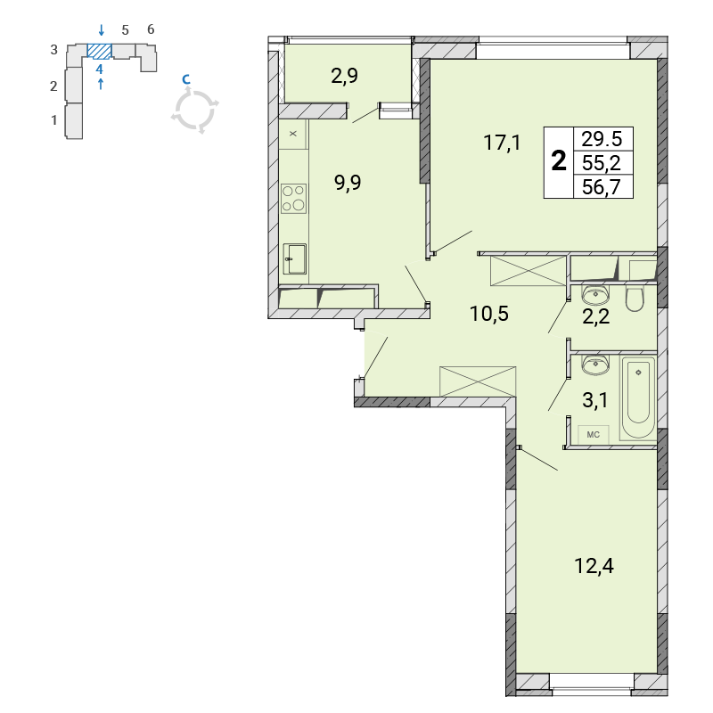 2 комн. квартира, 57 м², 15 этаж 