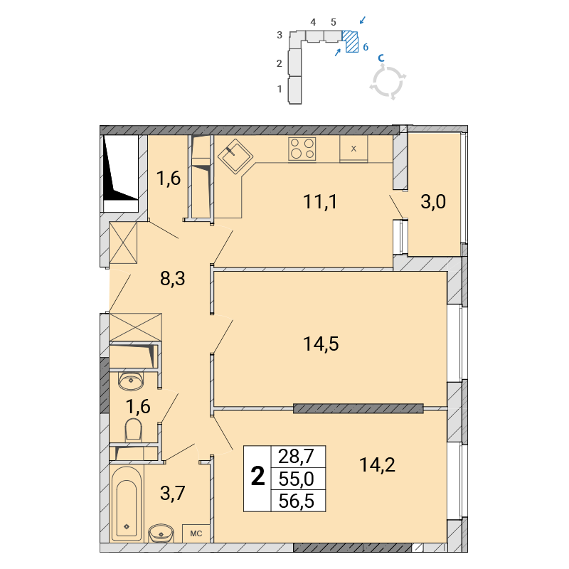 2 комн. квартира, 56.3 м², 2 этаж 