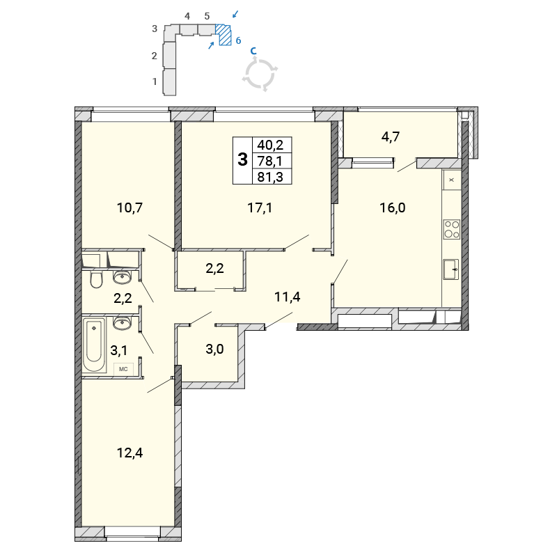 3 комн. квартира, 81.8 м², 16 этаж 