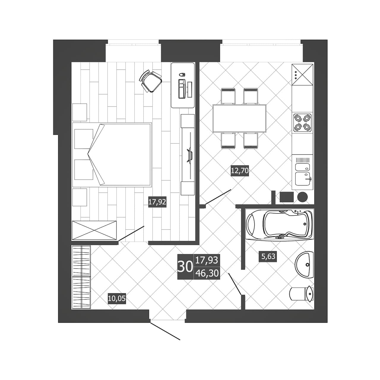 1 комн. квартира, 46.3 м², 2 этаж 