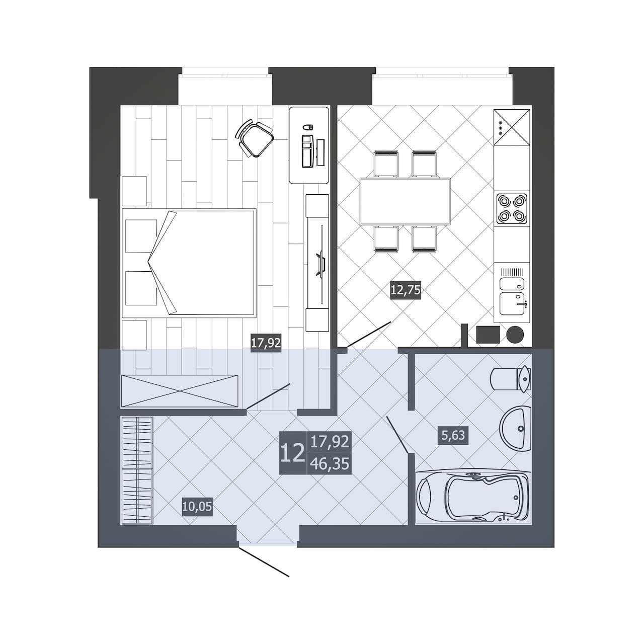 1 комн. квартира, 46.4 м², 3 этаж 