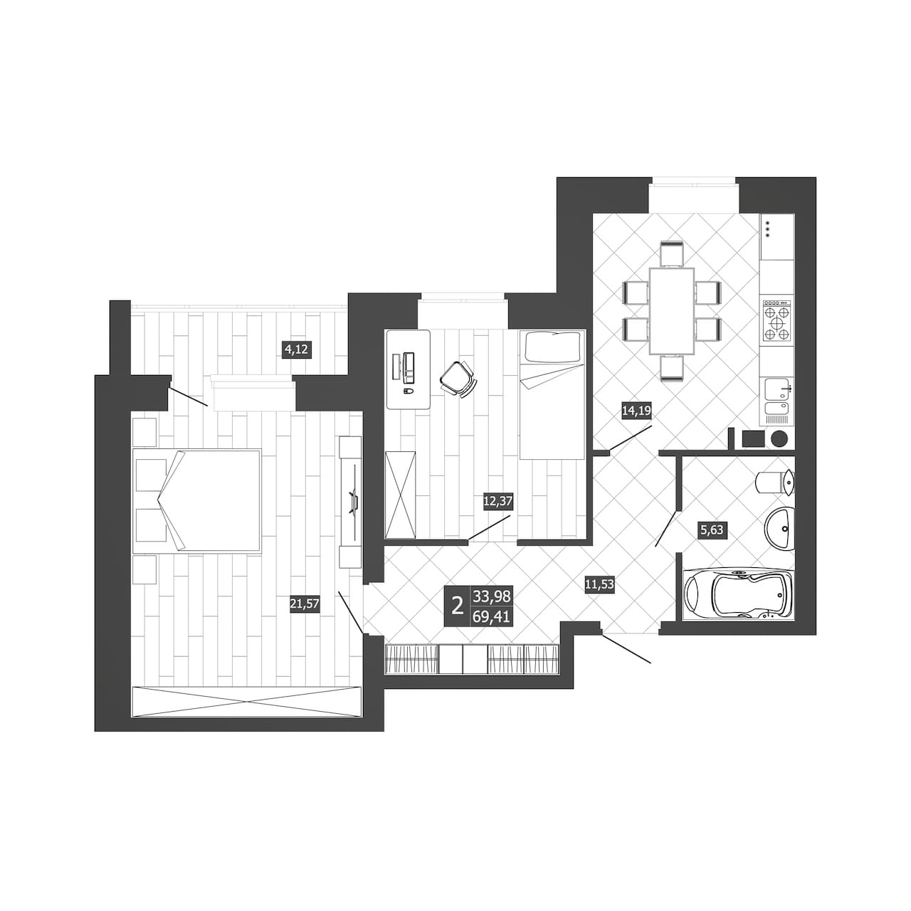 2 комн. квартира, 67.3 м², 2 этаж 