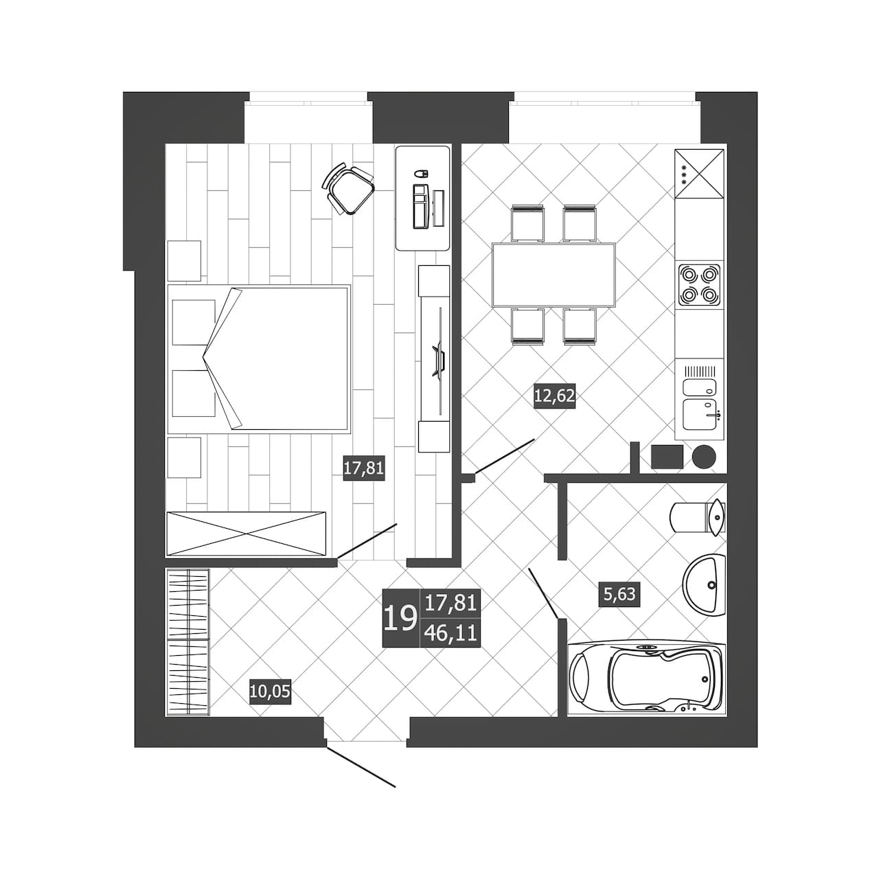 1 комн. квартира, 46.1 м², 3 этаж 