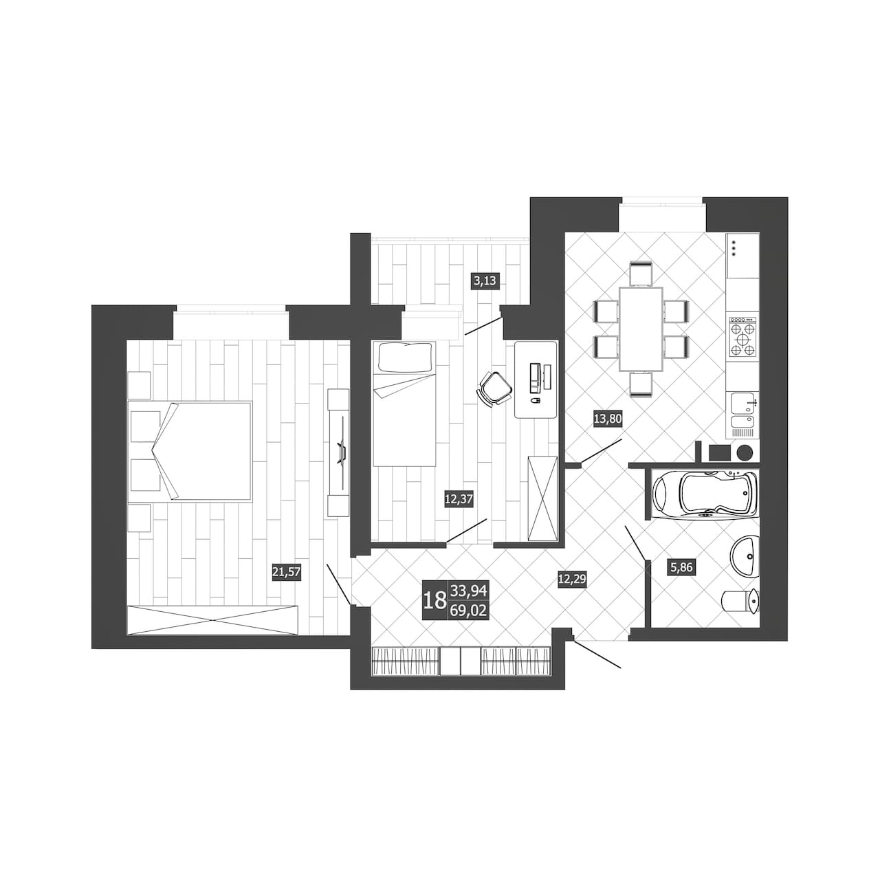 2 комн. квартира, 67.5 м², 2 этаж 