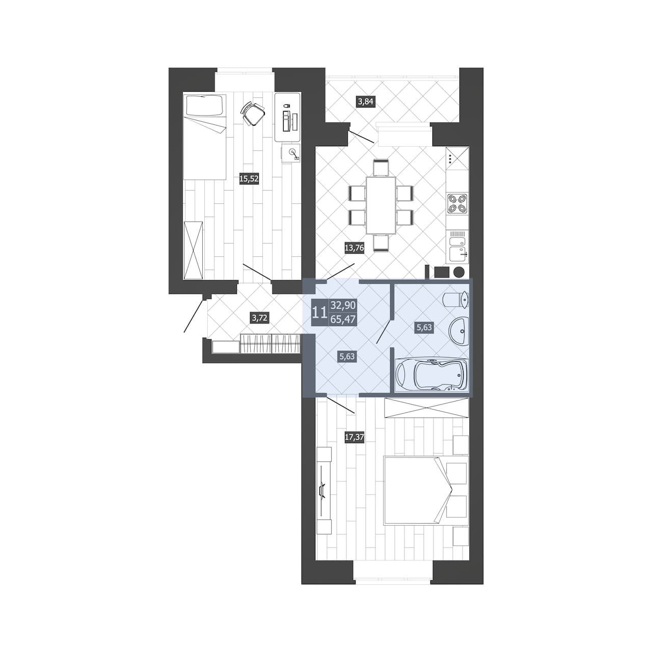 2 комн. квартира, 63.5 м², 3 этаж 