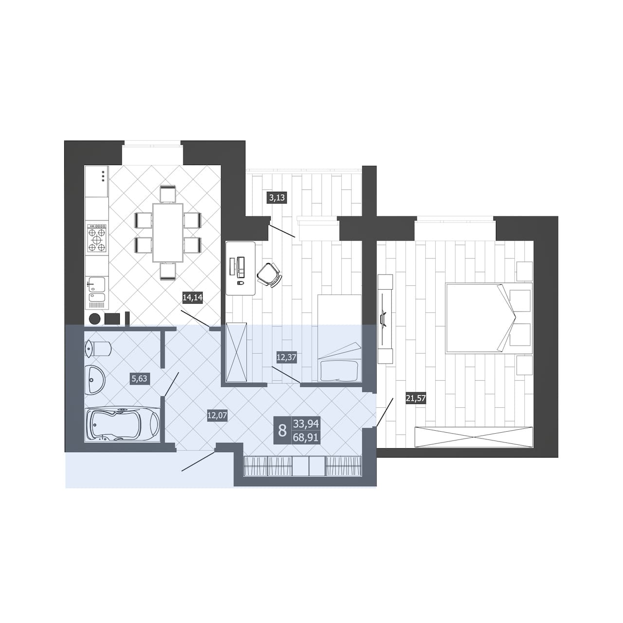 2 комн. квартира, 67.3 м², 3 этаж 