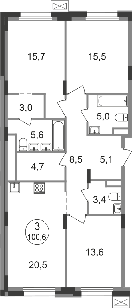 3 комн. квартира, 100.6 м², 5 этаж  (из 9)