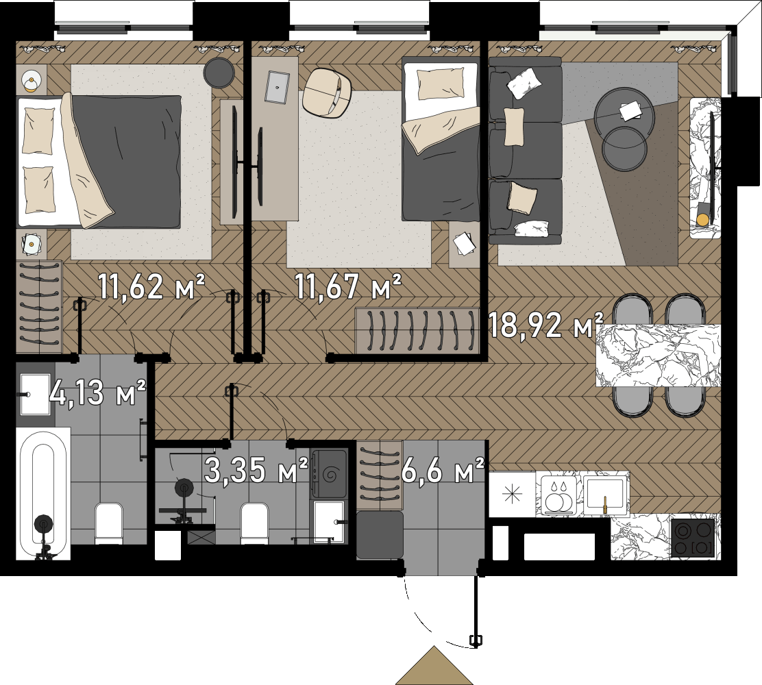 2 комн. квартира, 58 м², 19 этаж  (из 23)