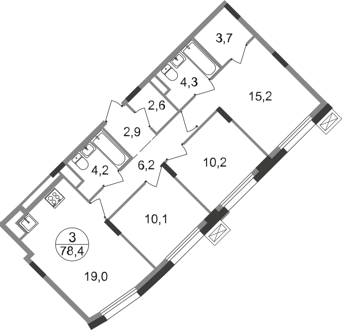 3 комн. квартира, 78.4 м², 9 этаж  (из 9)