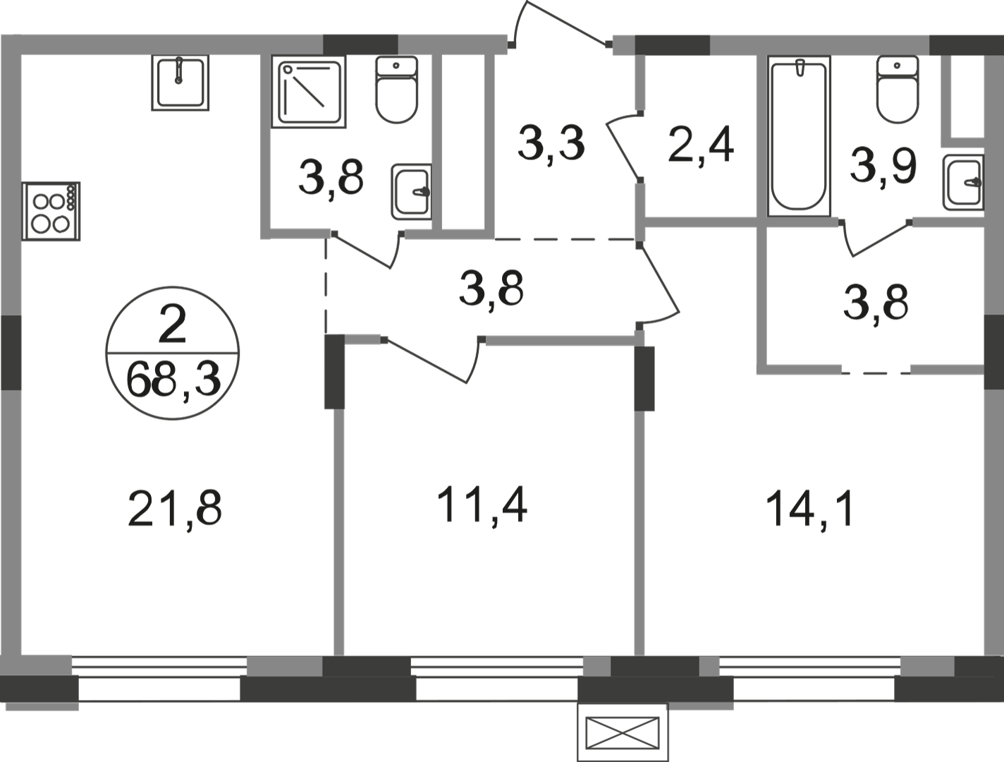 2 комн. квартира, 68.3 м², 9 этаж  (из 9)