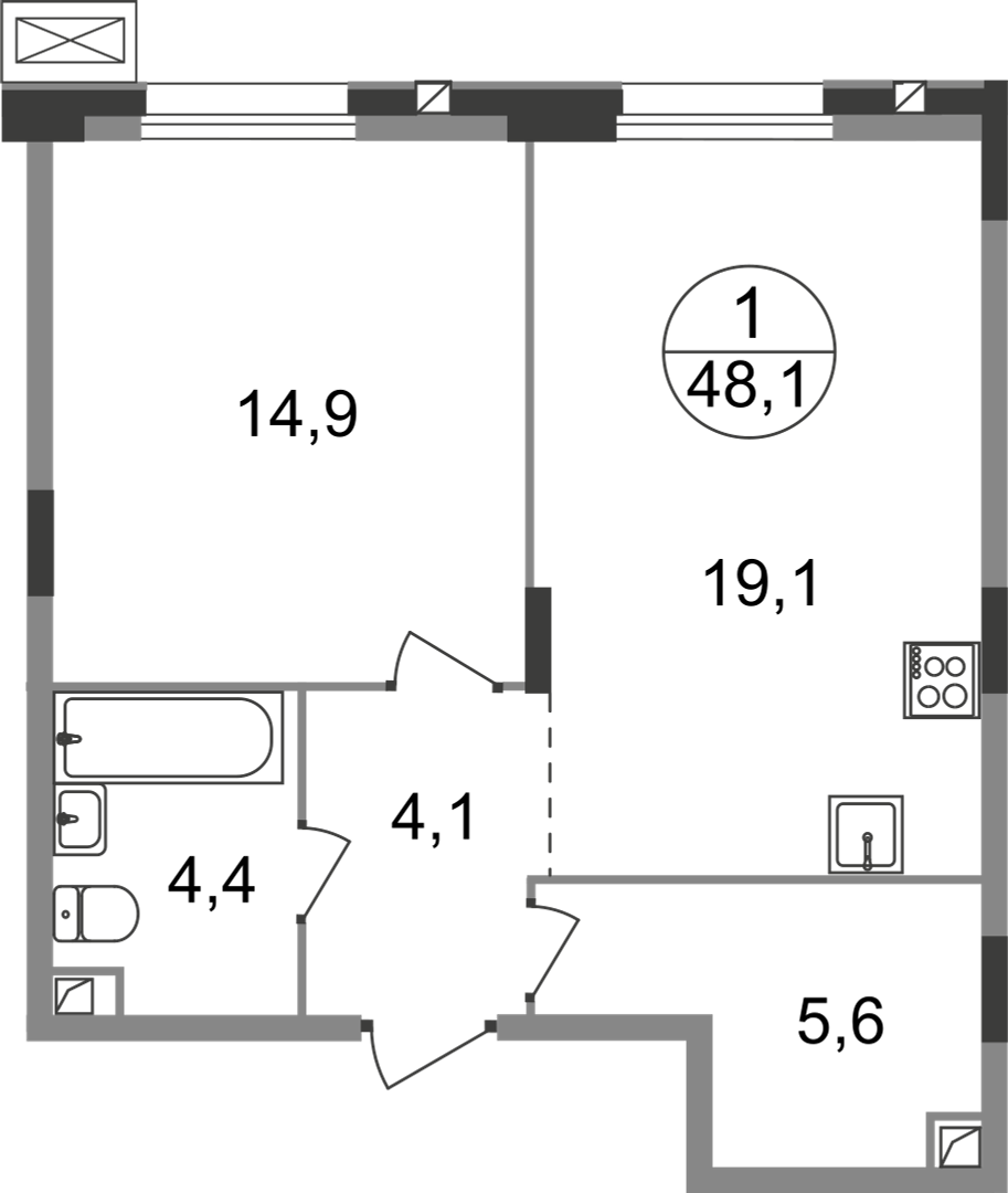 1 комн. квартира, 48.1 м², 1 этаж  (из 9)