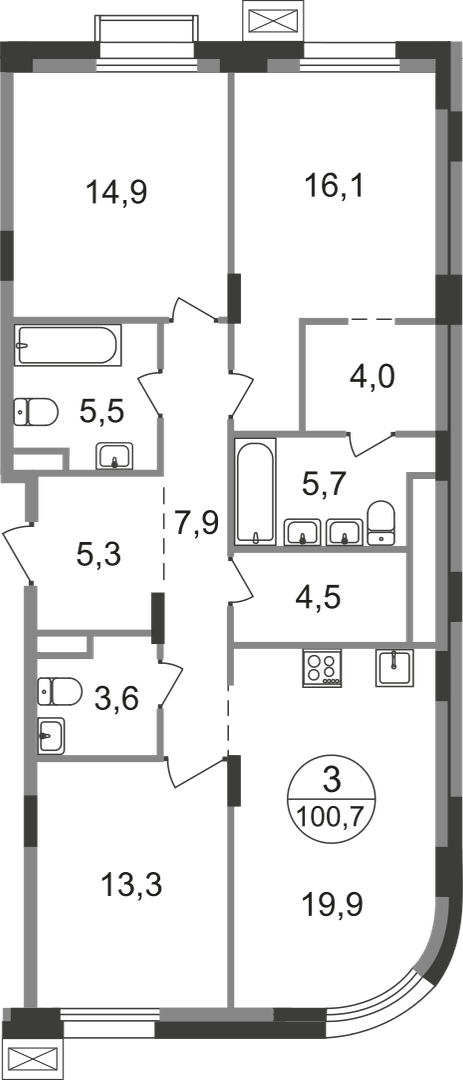 3 комн. квартира, 100.7 м², 8 этаж  (из 9)