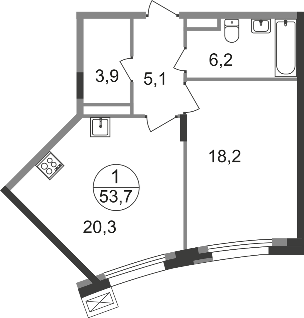1 комн. квартира, 53.7 м², 4 этаж  (из 9)