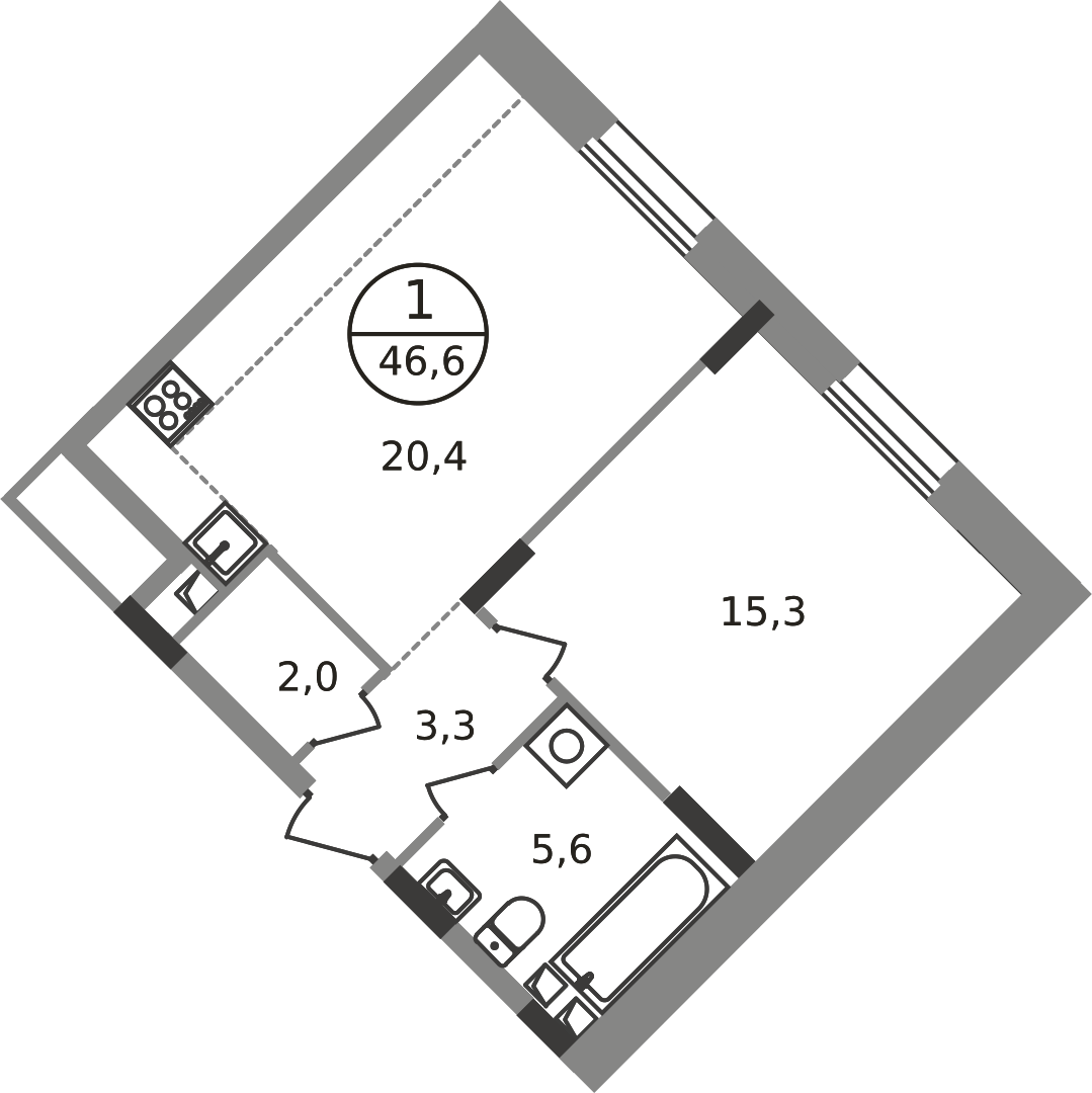 1 комн. квартира, 46.6 м², 1 этаж  (из 9)