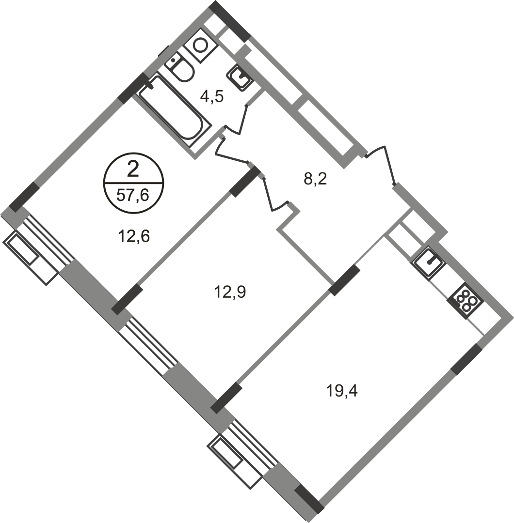 2 комн. квартира, 57.6 м², 5 этаж  (из 9)