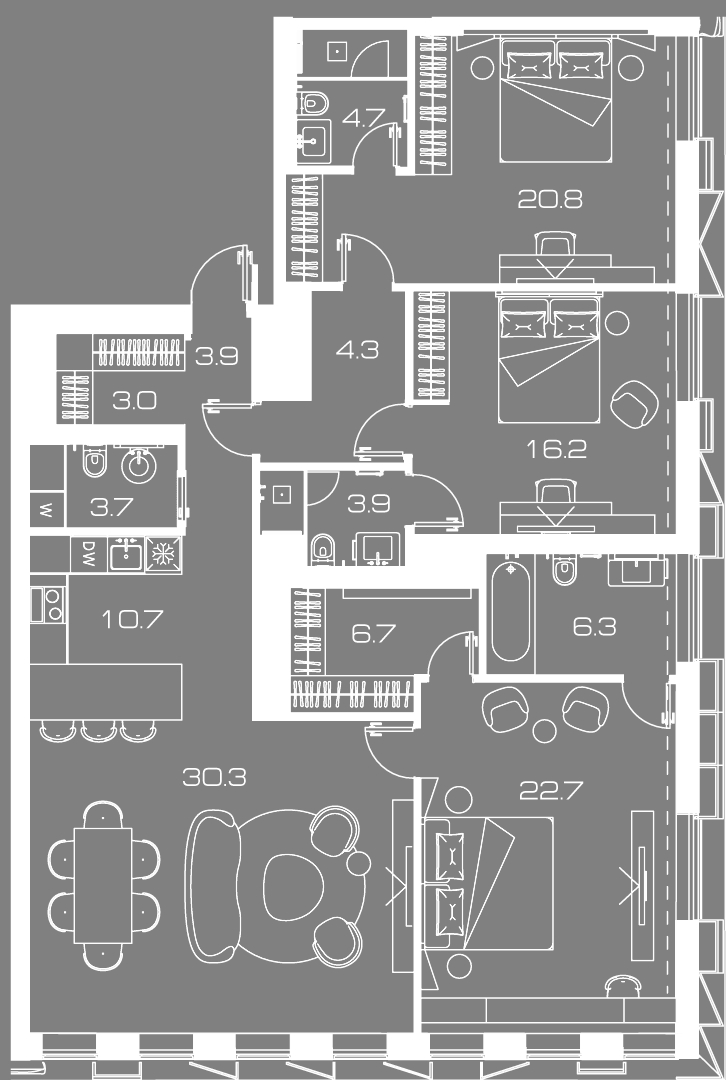 3 комн. квартира, 142.8 м², 13 этаж 