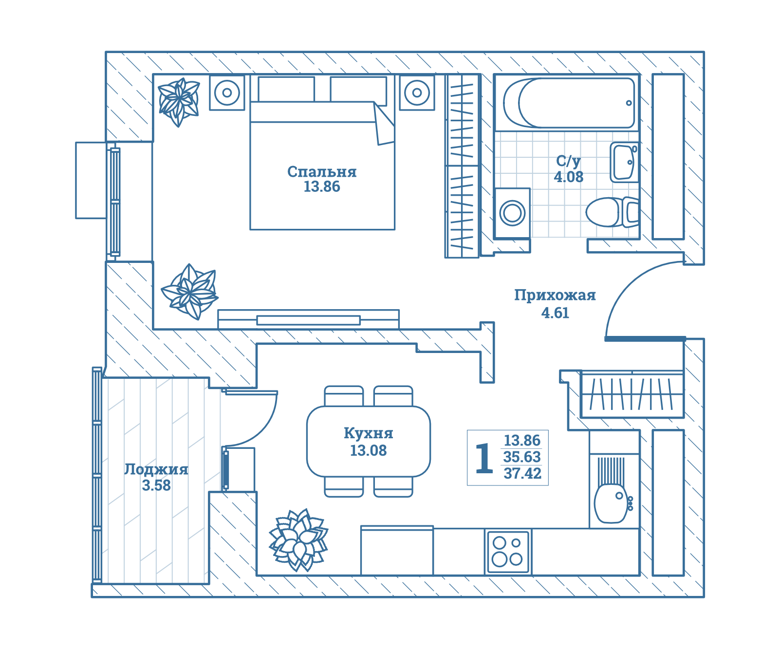 1 комн. квартира, 38.2 м², 2 этаж 
