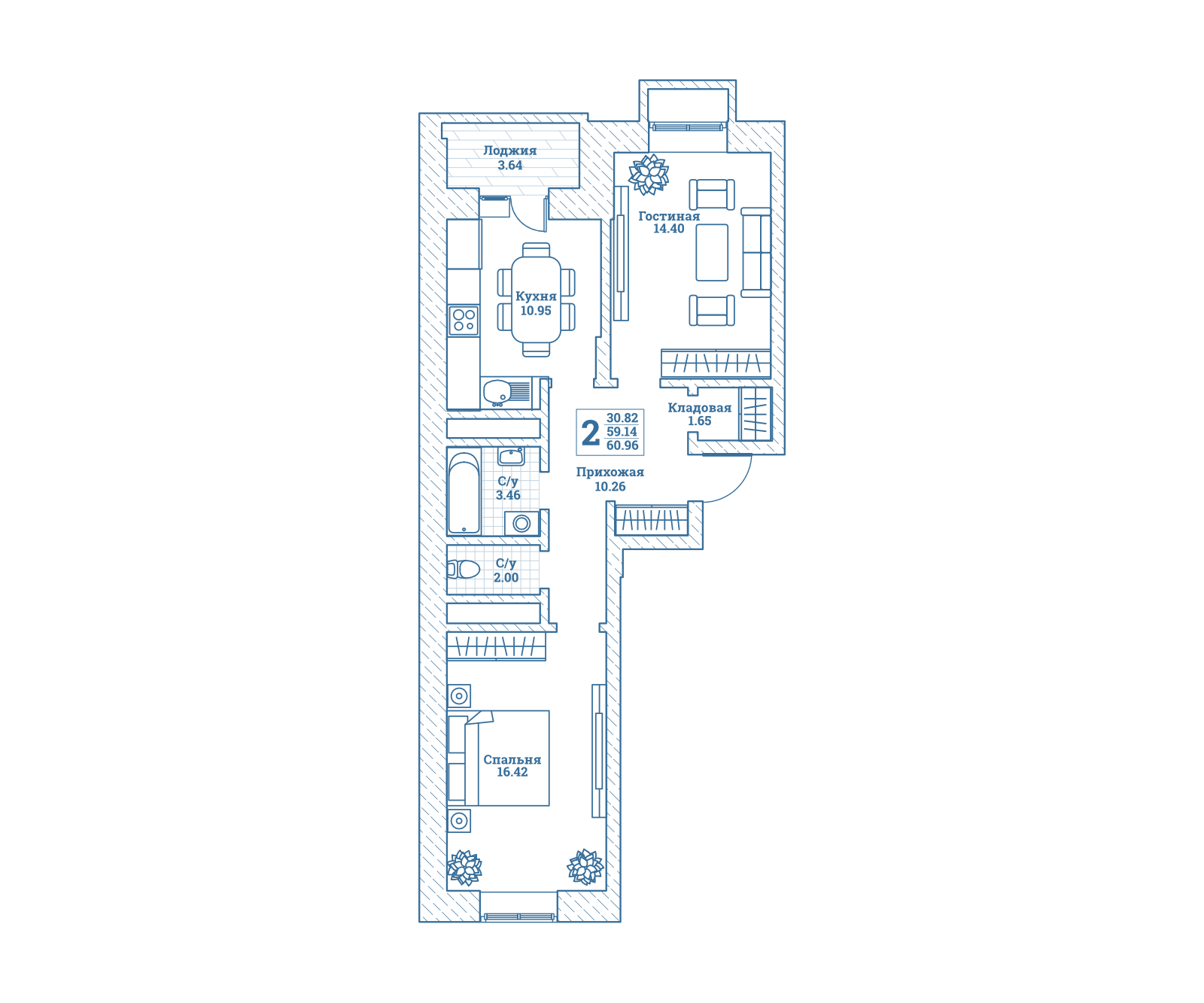 2 комн. квартира, 61.3 м², 1 этаж 