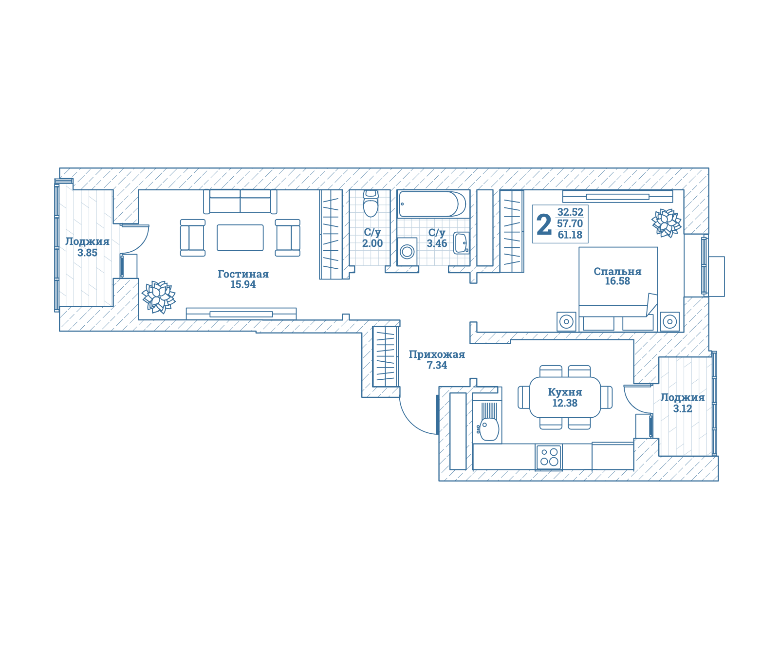 2 комн. квартира, 61.5 м², 2 этаж 