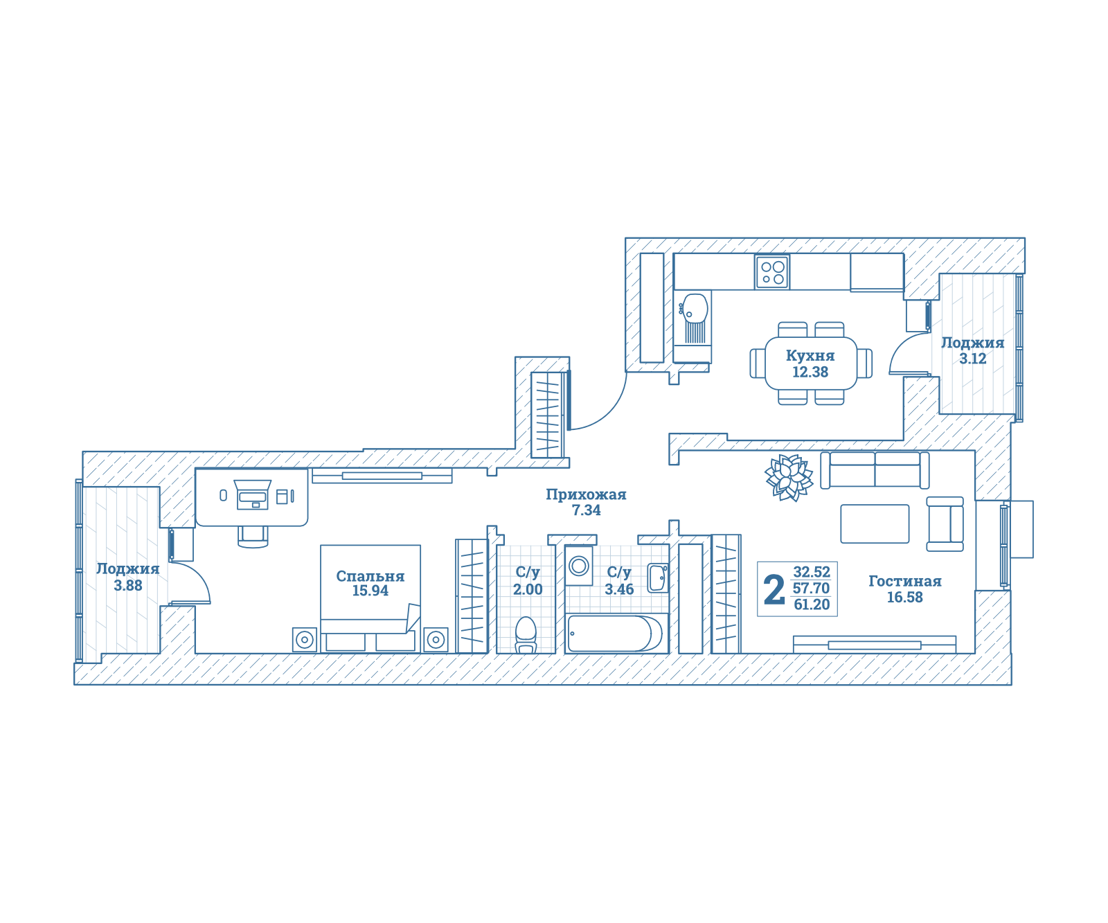 2 комн. квартира, 61.6 м², 3 этаж 