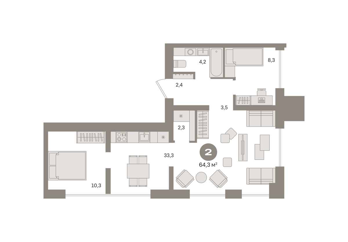 2 комн. квартира, 64.3 м², 8 этаж  (из 24)